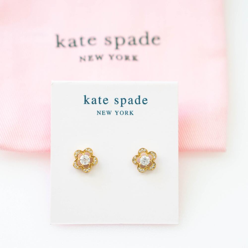 Kate Spade Jeweled Stencil Scallops Studs Crystal Flower Earrings Gold